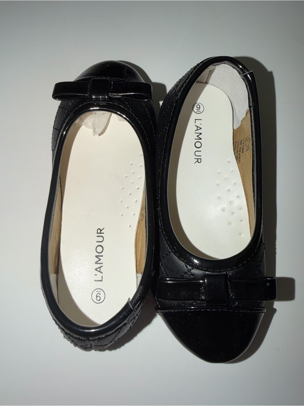 NWT L’Amour Girls Size 9 Black Quilted Cap Toe Mary Jane Flats | Bow